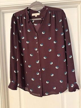 LOFT Plum Button-Front Blouse with White & Teal Dot Print